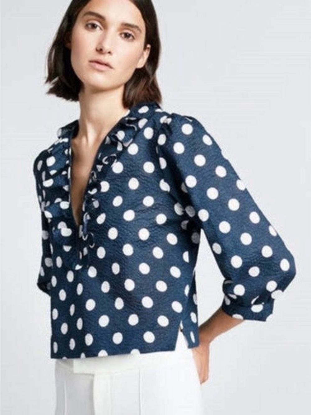 Smythe Navy and White Polka Dot Blouse